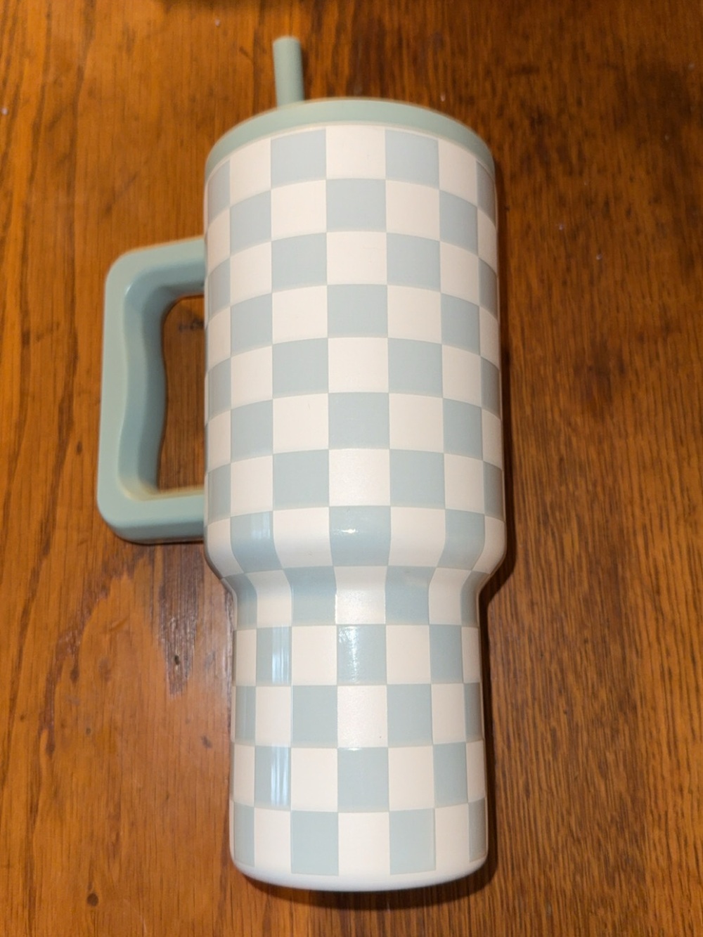 Light Blue and White Checkerboard Travel Tumbler with Handle